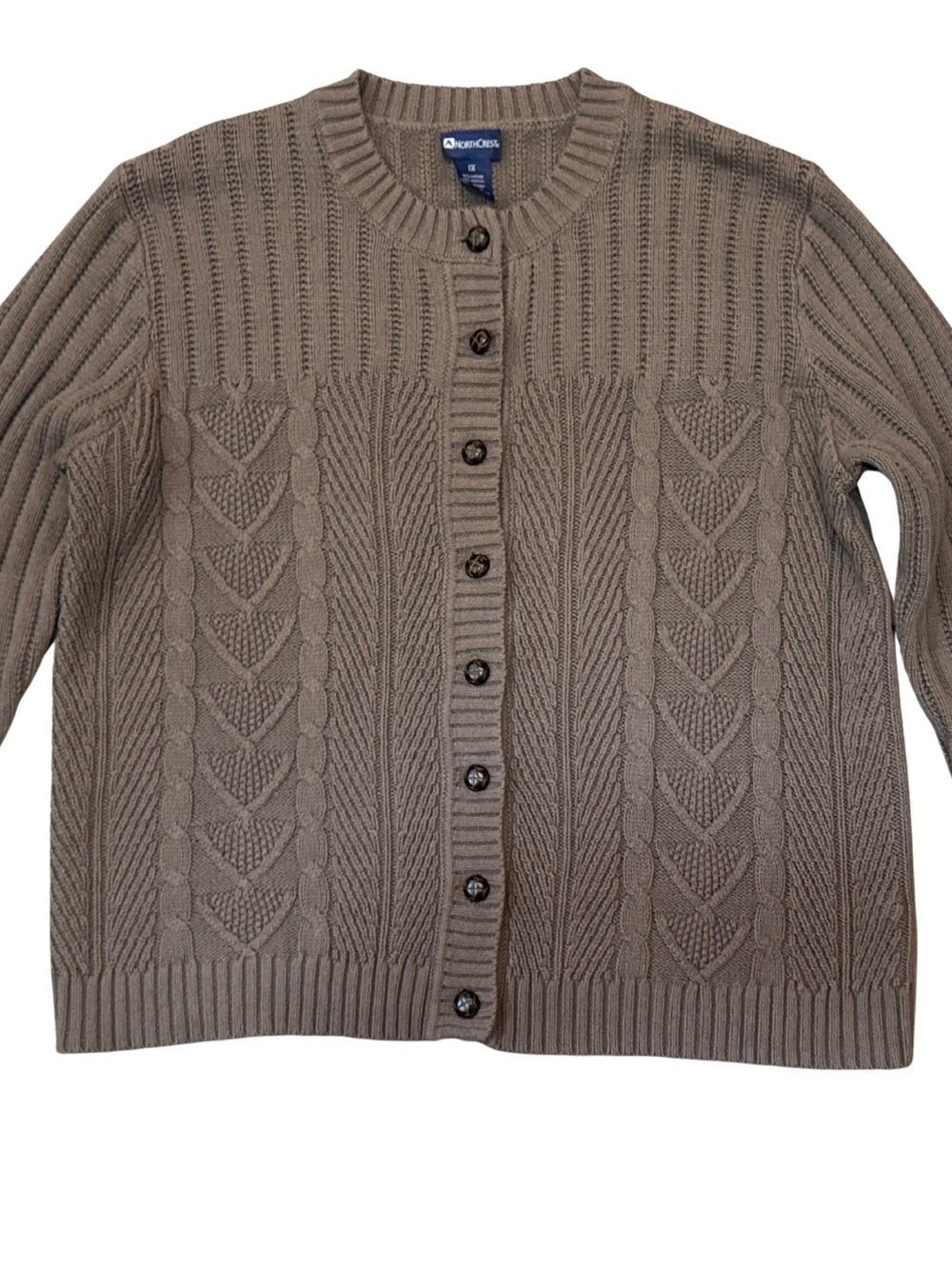 Vtg Northcrest Taupe Cable Knit Button-Front Cardigan ~ Cotton Blend
